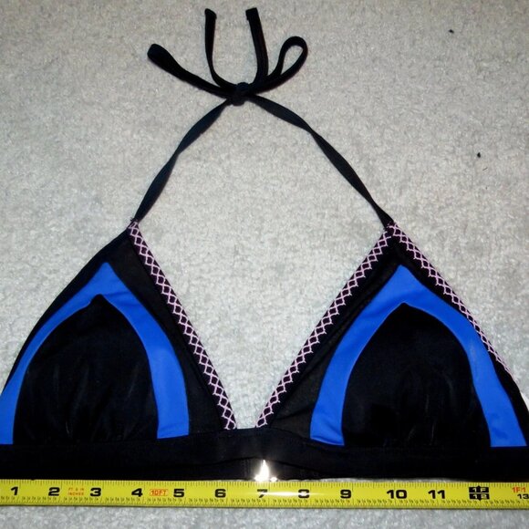 Xhilaration Black Triangle String Bikini Top Blue Pink & Mesh Trim Accents - M - Picture 5 of 9